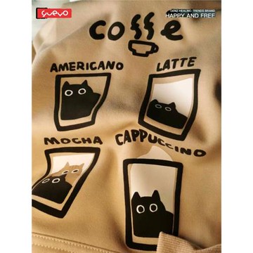 YUEYO悅游「貓咖啡」秋冬搖粒絨 美式高街小眾設計感奶咖色衛衣男