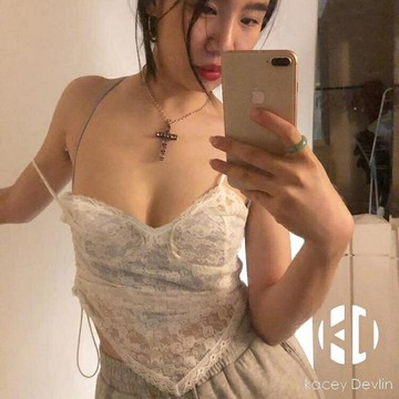 黑色蕾絲吊帶女設計感外穿網紗透視抽繩性感小背心歐美風打底上衣【聚物優品】