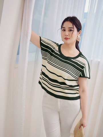 圓領條紋針織落肩短袖上衣