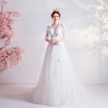 【天使嫁衣】深V領法式新娘蕾絲長袖時尚小拖尾婚紗禮服1226