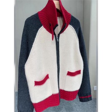 JUE美~復古拼色山羊絨開衫女立領插肩袖寬松拉鏈毛衣百搭針織外套