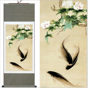 寫意字畫-芙蓉魚花鳥畫裝飾客廳壁畫 絲綢畫卷軸掛畫七天預購+現貨