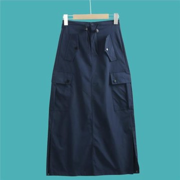6761工裝長裙 夏季抽繩可調節大口袋翻蓋開叉包臀純色半身裙女裙