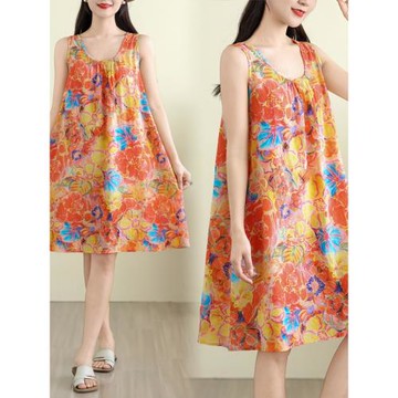 大碼女裝2025夏季寬松吊帶a字裙無袖復古棉麻圓領印花背心連衣裙