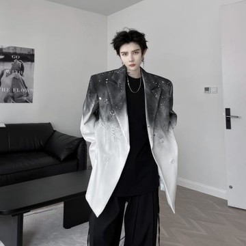 秋季小眾手繪潑墨漸變設計西裝男韓版潮牌高級感炸街廓形墊肩西服