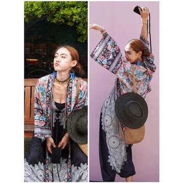 泰國夏海邊度假開衫沙灘罩衫法式睡袍交叉腰帶波西米亞民族風襯衫