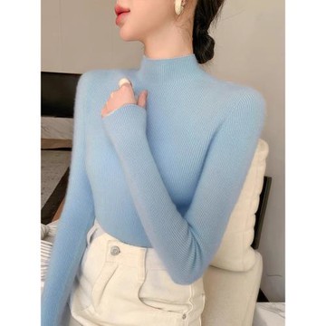 法式氣質半高領針織衫女秋冬高級感修身打底毛衣羊絨藍色內搭上衣