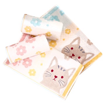 星紅織品 日系櫻花貓純棉毛巾 (4入/組) 100%純棉 73 x 33公分  藍色 + 粉色  1組