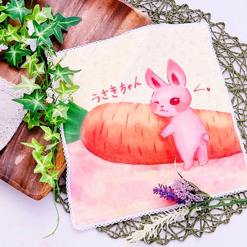純棉100% MIT不掉色::插畫小方巾-蘿蔔與兔醬
