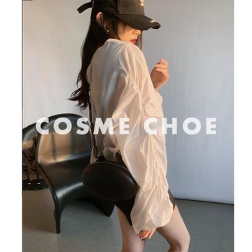 法式白色防曬襯衫女2025夏長袖寬松純色抽褶皺設計感小眾別致上衣