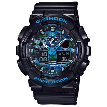 【CASIO 卡西歐】 G-SHOCK系列 酷炫迷彩設計雙顯電子錶 藍 GA-100CB-1A _51.2mm
