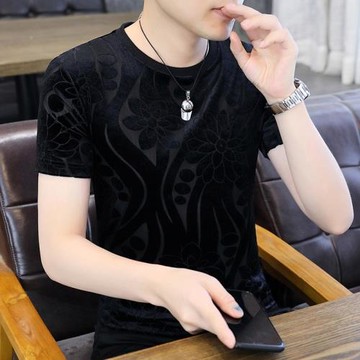 冰絲短袖t恤男士夏季潮流植絨暗花半袖上衣男款高端修身速干體恤