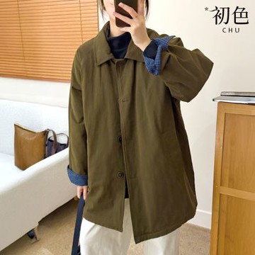 初色 休閒翻領排扣拼接格紋長袖中長風衣夾克棉服寬鬆外套女外套-共3色-17068(L-2XL可選)