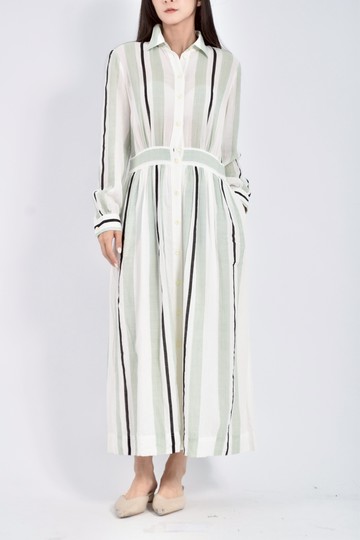 (M) iroo棉質豎紋長袖白色洋裝