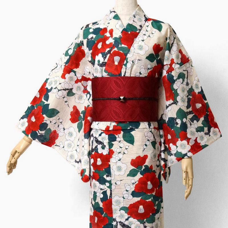 夏着物 綿絽 岡重 梅 椿 花 クリーム 赤 古典柄 レディース 30代
