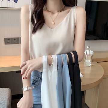 雪紡吊帶女 小背心 v領 內搭 背心吊帶 打底衫 西裝內搭 背心女 無袖上衣 雙層 顯瘦 白色 黑色 藍色 杏色 上衣女