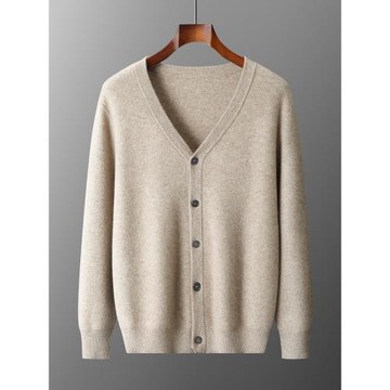 秋冬新款100純羊毛空氣層加厚男V領開衫外套毛衣針織打底羊絨上衣