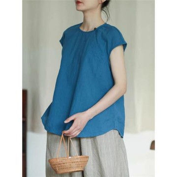 中式棉麻女裝2025夏裝新款今年流行漂亮小衫女士短袖圓領苧麻襯衫