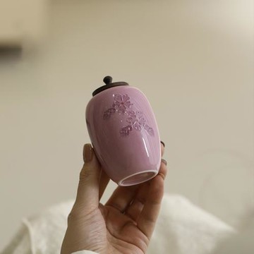 嫩紫櫻花高溫陶瓷手繪茶藝小茶倉茶葉罐胡桃木蓋子特小號紫色罐子