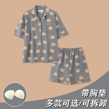 帶胸墊韓版夏季情侶睡衣女新款網紅爆款短袖短褲男士家居服小熊夏
