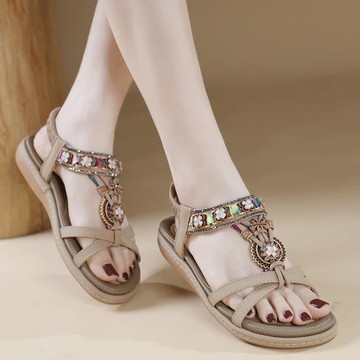 涼鞋女夏季外穿2026新款波西米亞民族風復古時尚水鉆軟底平底涼拖