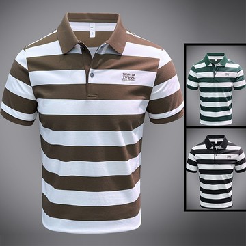 【夏季新品 短袖POLO衫 短袖上衣 工作服 冰絲涼感】條紋polo衫男短袖夏季時尚新款高級感痞帥商務刺繡半截袖t恤