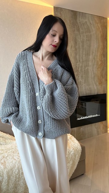 Oversized 開襟外套 粗織純棉針織衫 手工毛衣外套