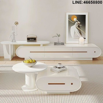 免運 開立發票 電視櫃 收納櫃 儲物櫃 落地櫃 背景櫃 簡約現代電視櫃茶幾組合奶油風落地式白色安全角新款地櫃客廳茶幾 支持訂製