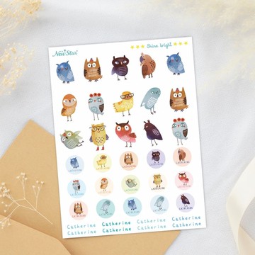 3張入-立體防水姓名貼紙。聰明貓頭鷹。客製化立體轉印貼