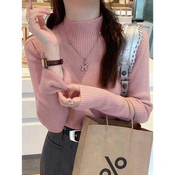 粉色半高領毛衣女秋冬季2026新款爆款加絨加厚內搭針織打底衫上衣