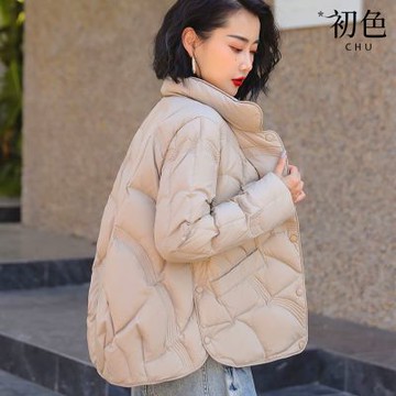 初色 休閒風輕便薄款保暖短款純色絎線單排釦立領長袖科技羽絨棉外套女外套-共4色-16686(M/L可選)