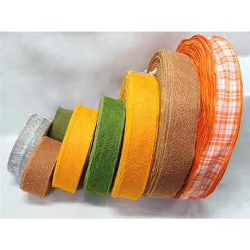 【整箱販售】節慶織帶63MM(2-1/2英吋寬、含鐵絲)/黃色/綠色/亞麻色/格子/橘色/菜瓜布/特惠價/素面