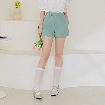 素色造型腰頭後腰鬆緊反摺短褲-OB大尺碼