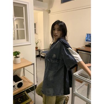 橘子樹在哪兒美式復古牛仔短袖襯衫女夏季拼色設計感寬松襯衣外套