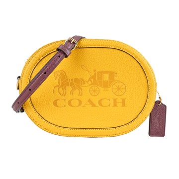 COACH 馬車壓印荔枝紋撞色皮革斜背相機包(赭黃)