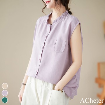 【ACheter】復古甜美木耳領襯衫氣質無袖棉麻背心中長上衣純色# 117838(現貨+預購)