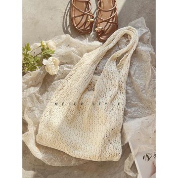 ins森系文藝針織鏤空編織包小清新托特包大容量單肩包休閑購物袋