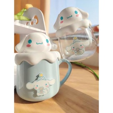 馬克杯大耳狗水杯奶杯卡通藍色玉桂可愛茶早餐杯玻璃陶瓷帶蓋把