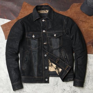 山羊皮復古做舊機車皮衣男士翻領工裝真皮外套557XX牛仔款皮夾克