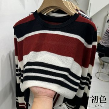 初色 韓版簡約拚色條紋寬鬆打底衫針織衫上衣女上衣-多色條紋-18043(F可選)