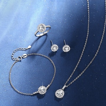 現貨+預購 莫桑石項鍊925純銀手鍊四件套-1克拉圓包耳環戒指情人節生日聖誕節禮物女飾品74an5【獨家進口】【米蘭精品】