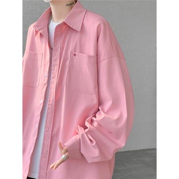 多巴胺櫻花粉翻領長袖襯衫男款春夏季潮流百搭高級感大碼襯衣外套