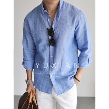 (免運)YUXIAN意式亞麻棉色織長袖襯衫休閑商務純色通勤透氣吸濕襯衣春夏