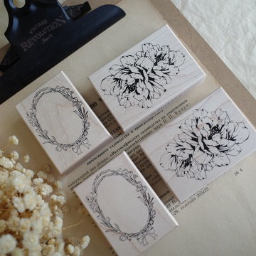 蘭玲花框 | 牡丹花 輕復古花卉 木質手帳印章