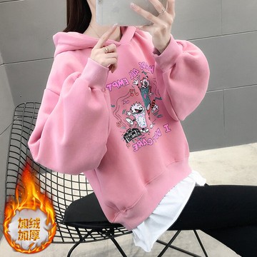 秋冬季年新款韓版女裝寬松百搭假兩件加絨連帽衛衣女加厚外套