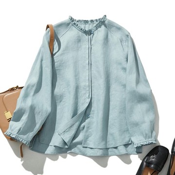 前襟細節設計 100% 亞麻荷葉邊上衣 簡約優雅 淺水藍色 240409-2