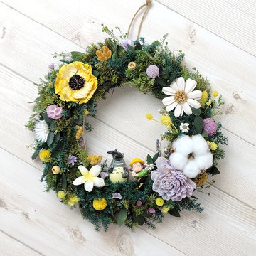 【客製】不凋永生花圈-龍貓春日花園清新黃紫色系