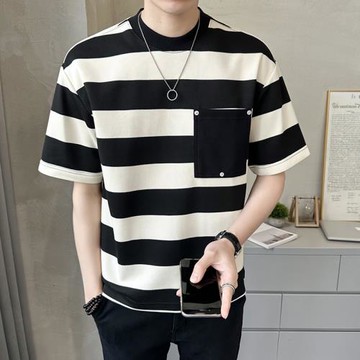 條紋短袖t恤男2025新款夏季潮牌寬松圓領上衣ins痞帥潮流半袖體恤