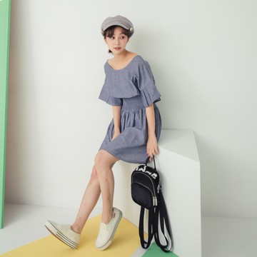 薄牛仔喇叭袖寬版鬆緊腰連身裙 (M7SS) 11750043