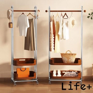 Life+ 序木典藏雙層多功能移動式落地衣帽架/掛衣架/收納衣櫃_M